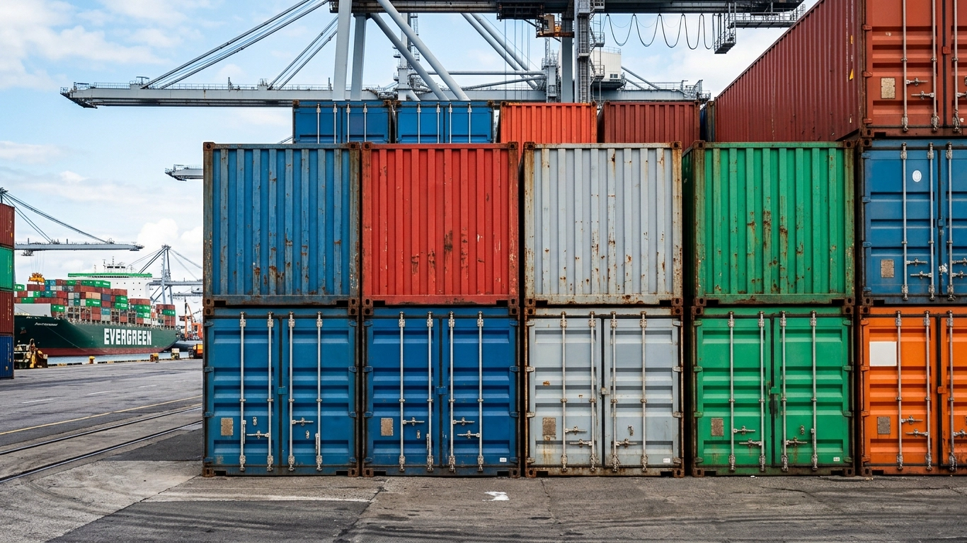 Ein Stapel Container an einem Hafen